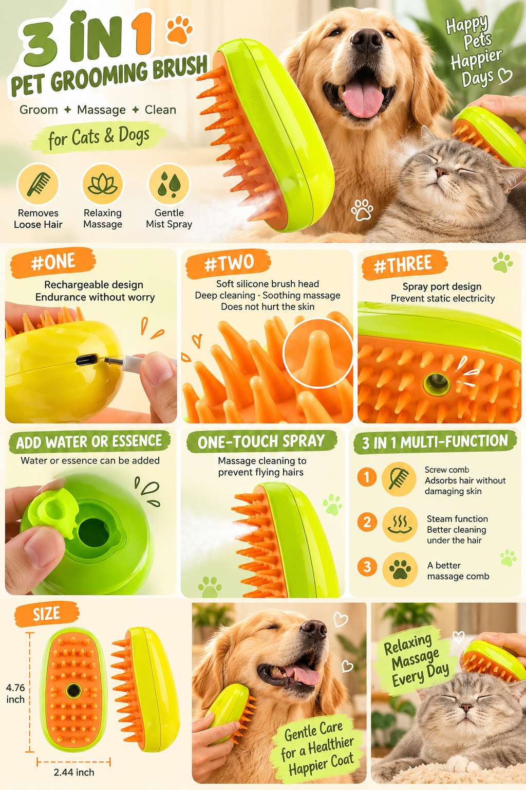 3-in-1 Pet Grooming Brush